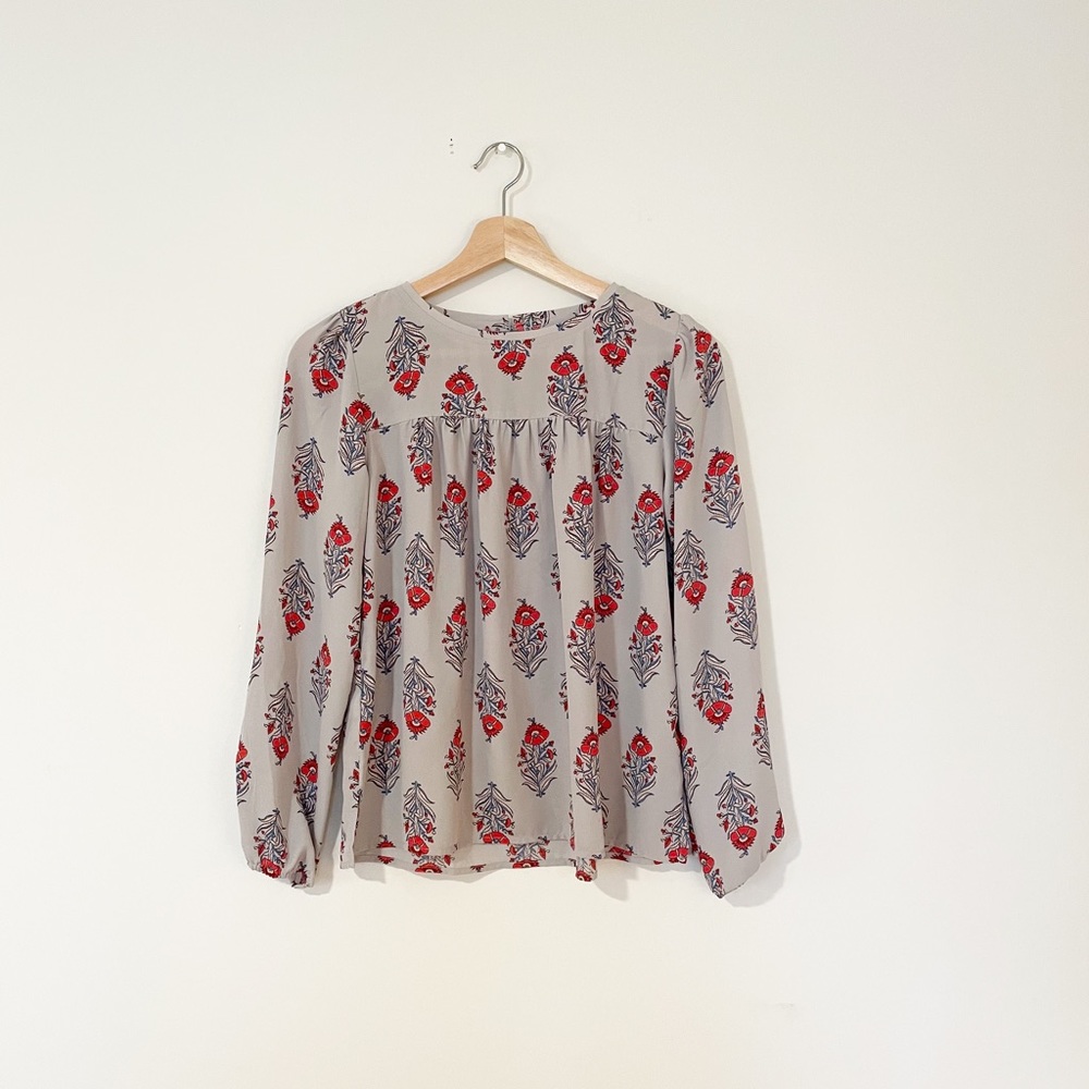 Loft Gray Floral Long Sleeve Blouse